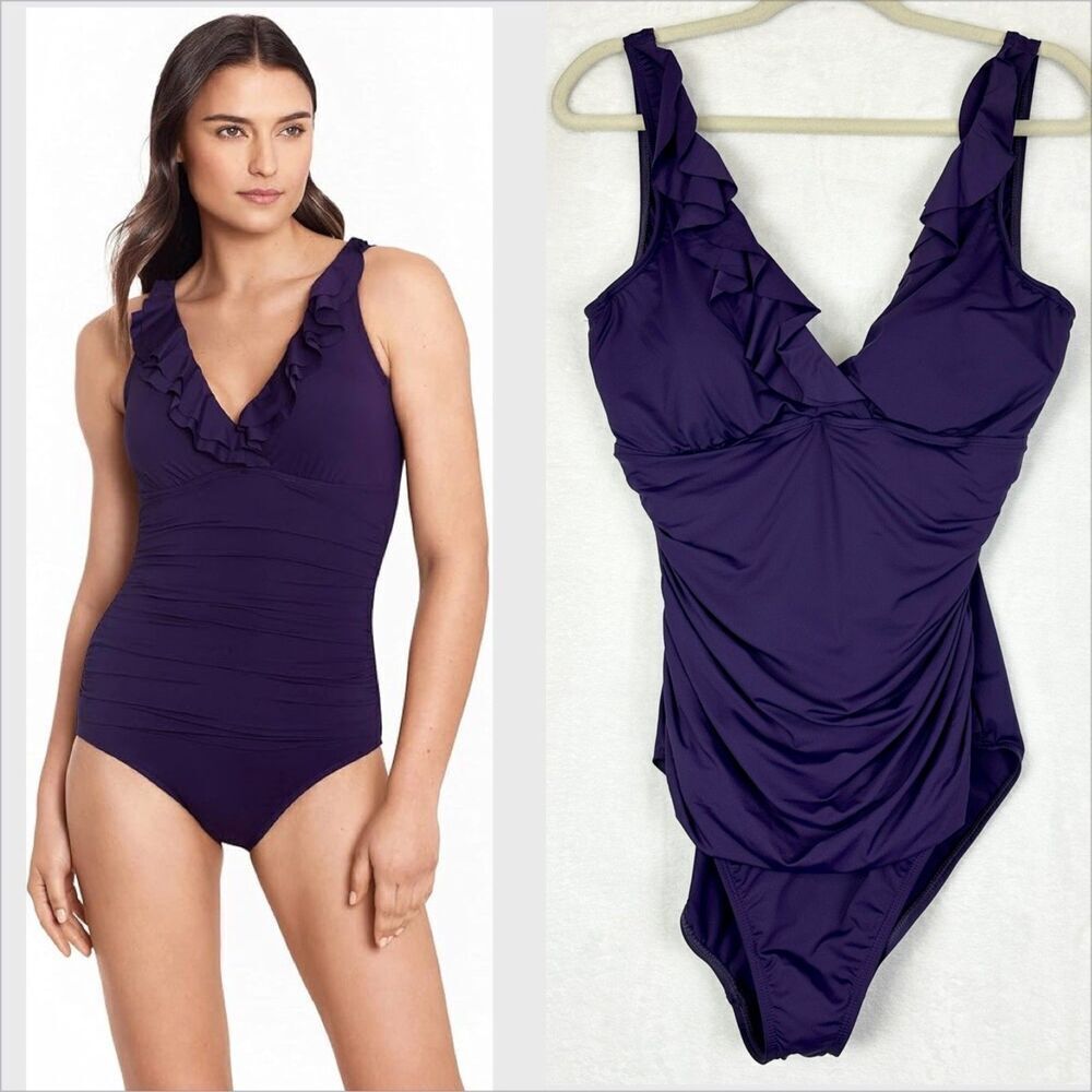 Lauren Ralph Lauren Beach Club Ruffle Surplice One Piece Swimsuit Size 16 NWT